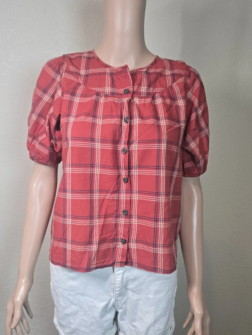 Madewell Red Plaid Short Sleeve Round Neck Lightweight Cotton Prose Shirt S